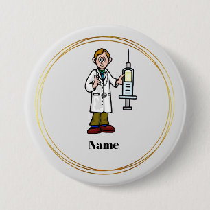Male Doktor med Giant Syringe Button Knapp
