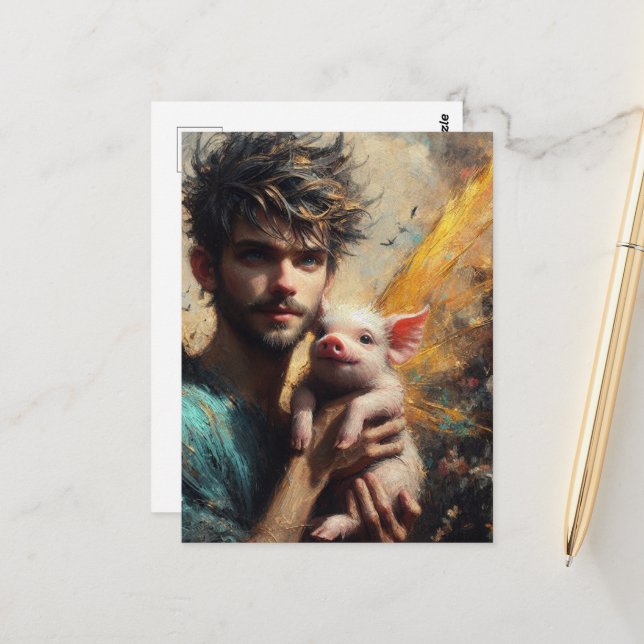 Male Fairy with Baby Pig Vykort (Fram/Back In Situ)