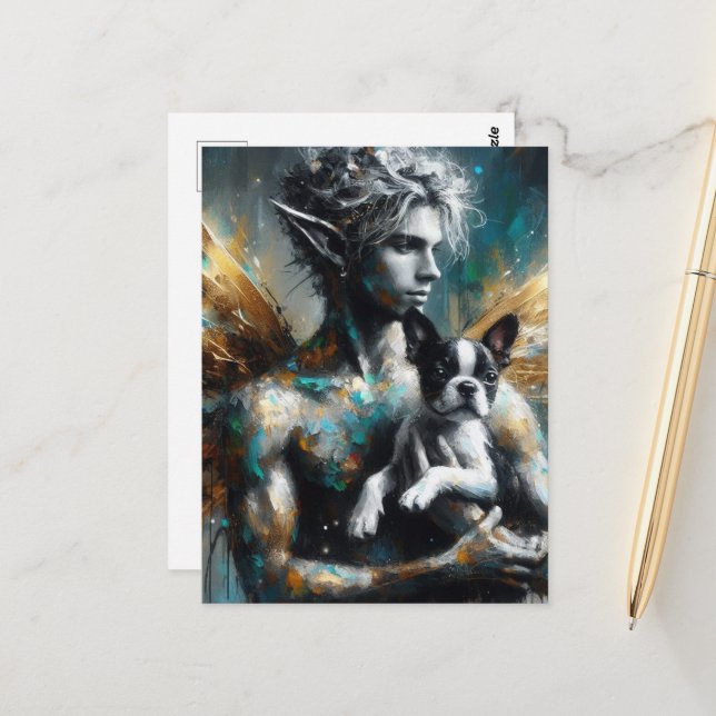 Male Fairy With Boston Terrier Puppy Vykort (Fram/Back In Situ)