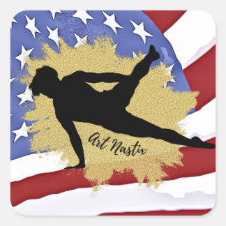 Male Gymnast Silhouette Art - American Flagga Fyrkantigt Klistermärke