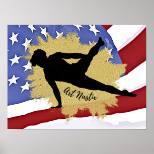 Male Gymnast Silhouette Art - American Flagga Poster