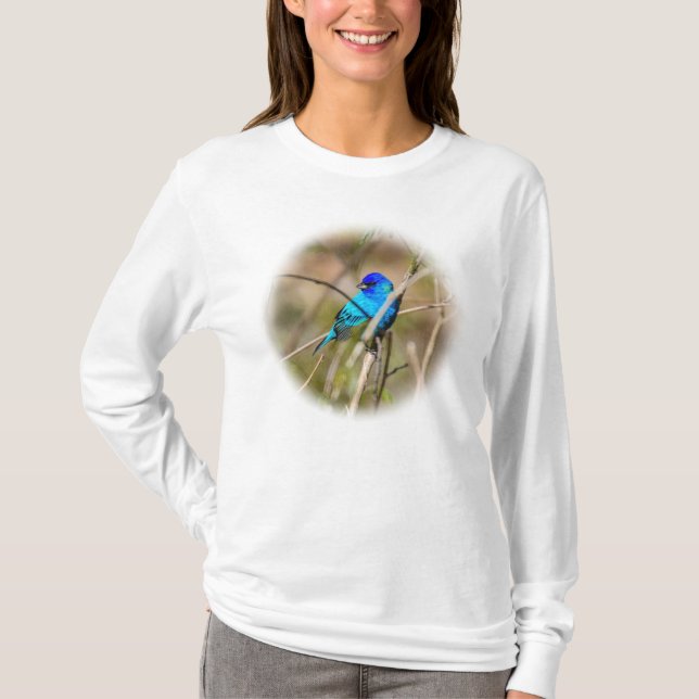 Male Indigo Bunting Songbird L/S T-Shirt (Framsida)