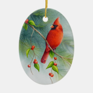 Male Northern Kardinal Bird Watercolor Art Julgransprydnad Keramik