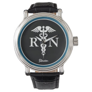 Male Nurse RN Caduceus Blue Black Customized Armbandsur
