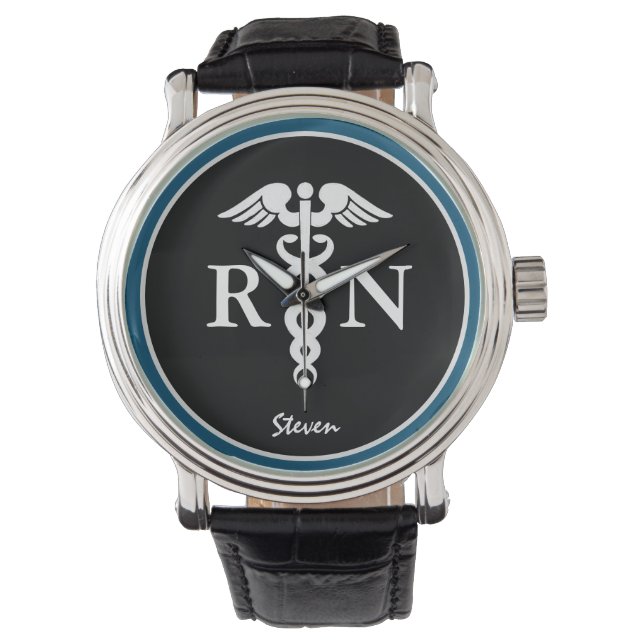 Male Nurse RN Caduceus Blue Black Customized Armbandsur (Framsida)