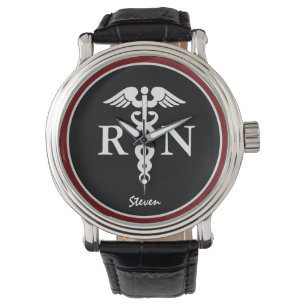 Male Nurse RN Caduceus Modern Black Burgundy Armbandsur