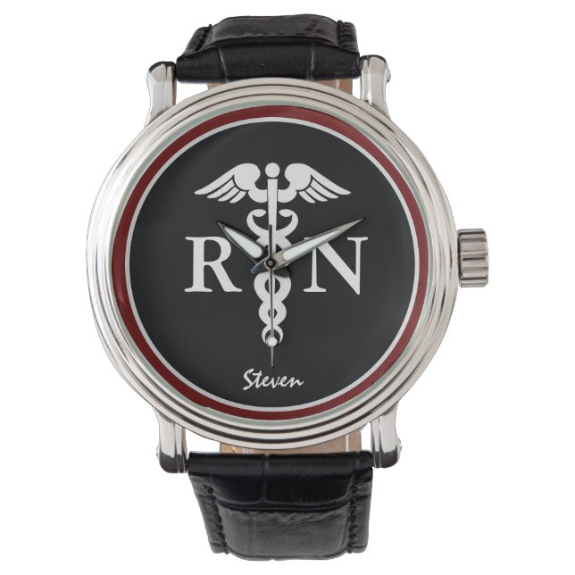 Male Nurse RN Caduceus Modern Black Burgundy Armbandsur (Framsida)