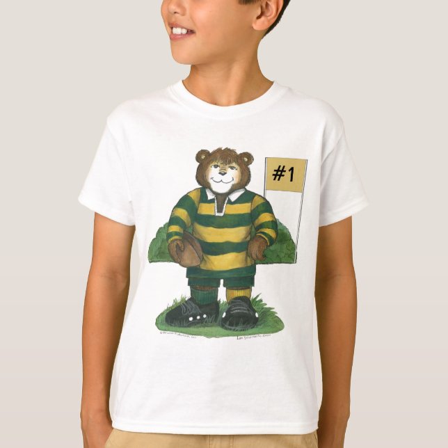 Male Rugby Bear i Grönt och Guld Tröja (Framsida)