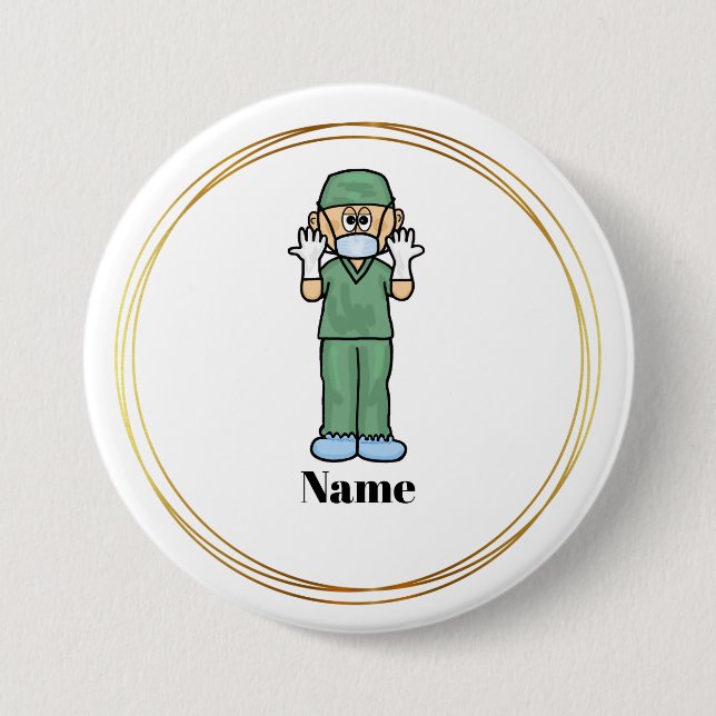 Male Surgeon in Scrubs Namn Button Knapp (Framsida)