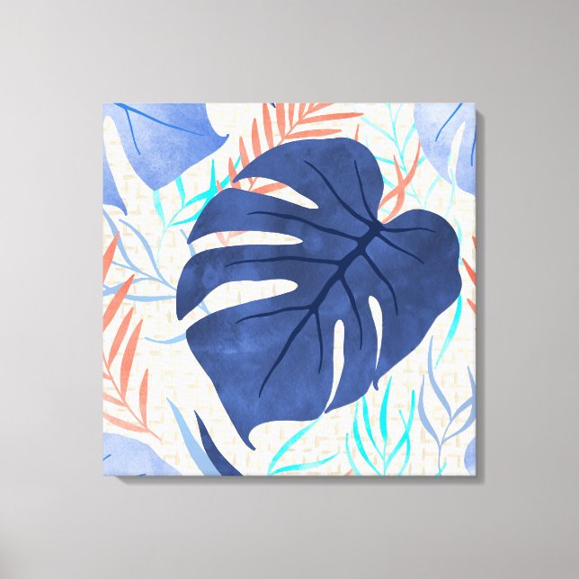 Maleah Monstera Tropical Hawaiian Watercolor- Blue Canvastryck (Framsida)