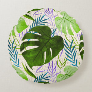 Maleah Monstera Tropical Hawaiian Watercolor-Grönt Rund Kudde
