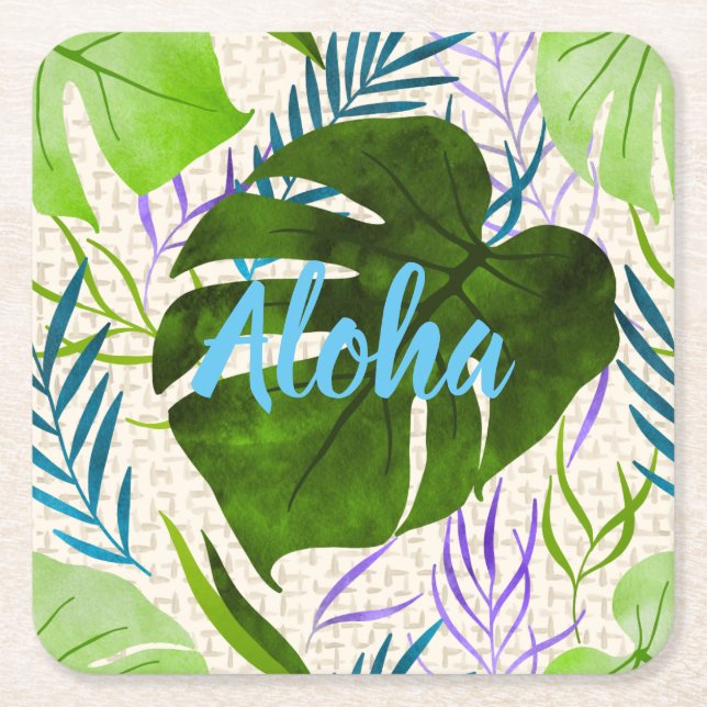 Maleah Monstera Tropical Hawaiian Watercolor-Grönt Underlägg Papper Kvadrat (Framsidan)