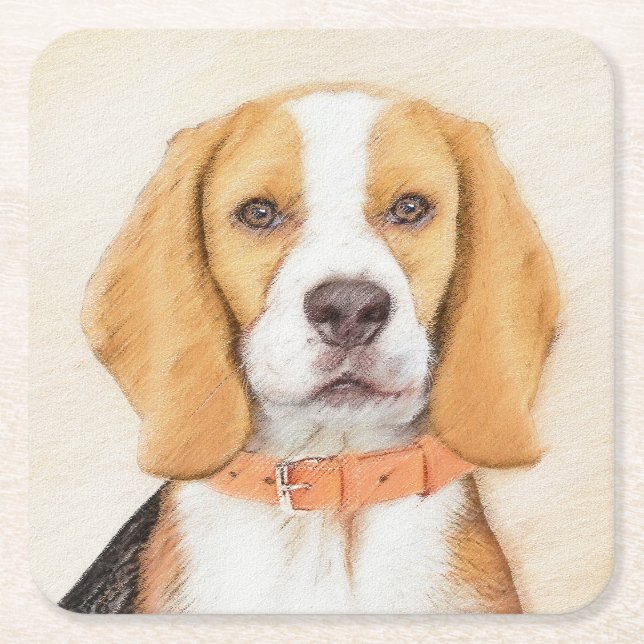 Måleri av Beagle Hund Original Djurkonst Underlägg Papper Kvadrat (Framsidan)