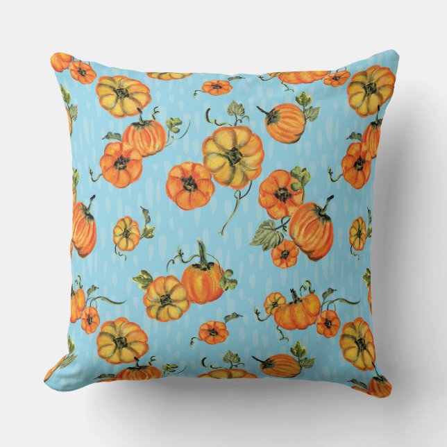 Målerisk akvarell Höstpumpor Orange/Blå Kudde (Framsida)