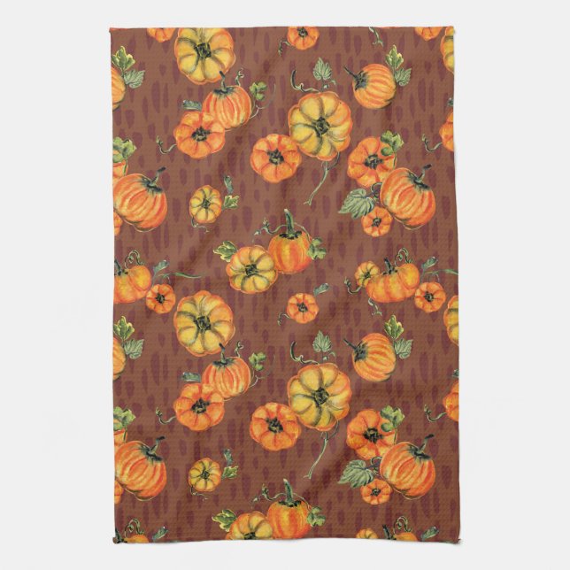 Målerisk akvarell Höstpumpor Orange/Rost  Kökshandduk (Vertikal)