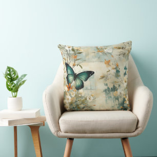 Målerisk Teal Fjäril Blommig Salvia Terrakotta Kudde