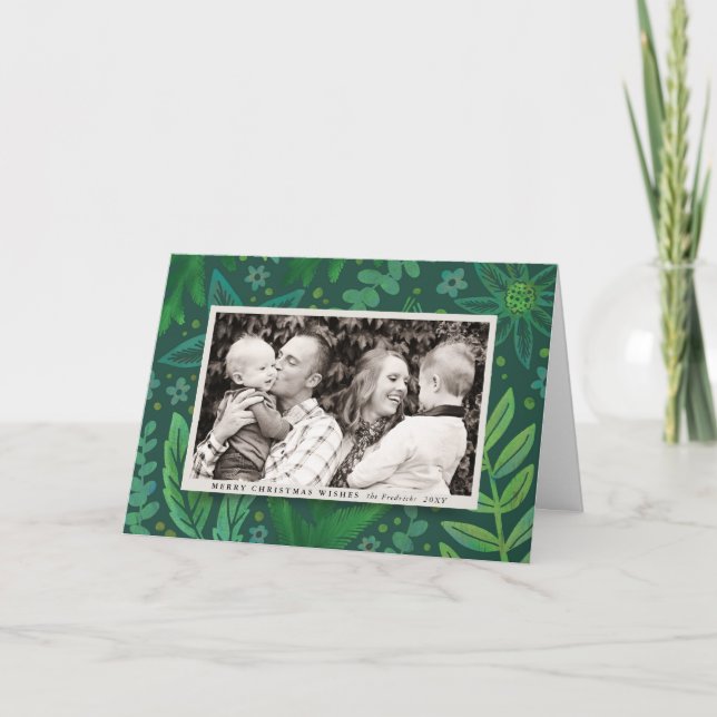 Måleriska gröna botaniska julfotokort helgkort (Framsida)