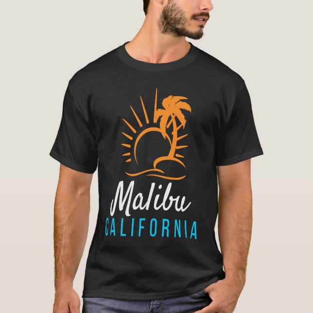 Malibu Beach California Sunset Retro Palm Trees T Shirt (Framsida)