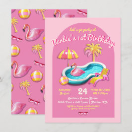 Malibu Beach Doll Retro Birthday Bassäng Party Inbjudningar