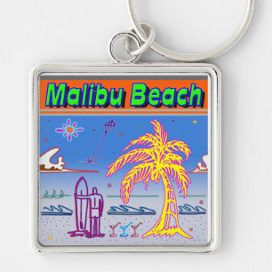 "Malibu Beach" Surfer Keychain Fyrkantig Silverfärgad Nyckelring