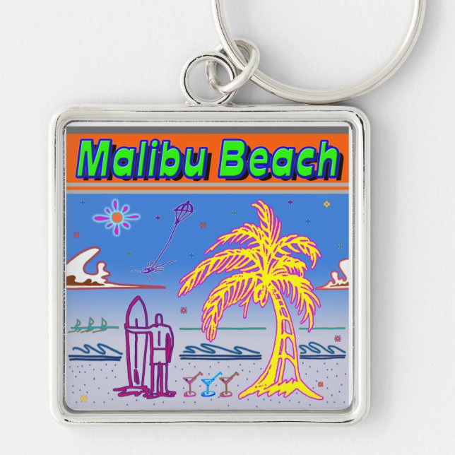 "Malibu Beach" Surfer Keychain Fyrkantig Silverfärgad Nyckelring (Framsidan)