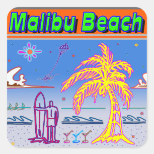 "Malibu Beach" Surfer Sticker Fyrkantigt Klistermärke