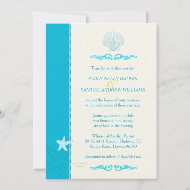 Malibu Blue + Ivory Hip Beach Wedding Inbjudningar (Framsida)