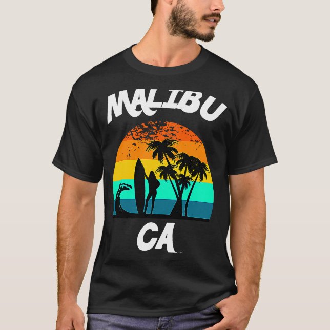 Malibu California Beach Scenery with Female Surfer T Shirt (Framsida)