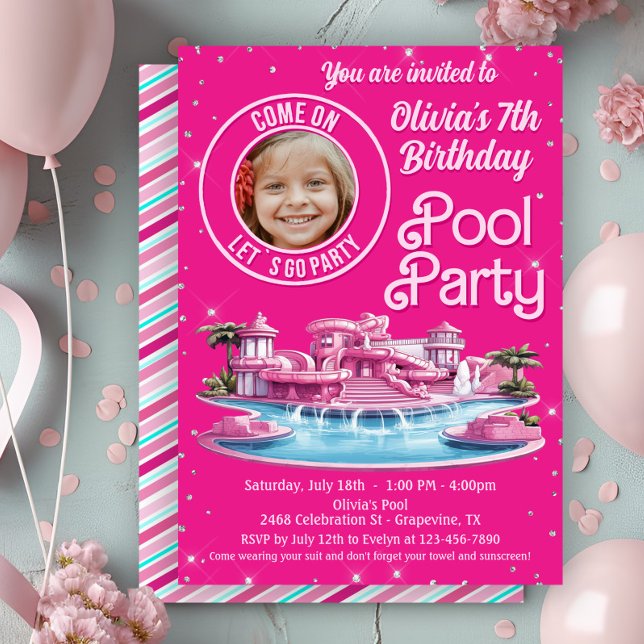 Malibu Dockpool Födelsedagsfest  Inbjudningar (Cute Malibu doll pool party invitation with spot for photo. Any number - simply add your details.)