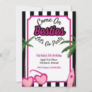 Malibu Doll Birthday Black White Rand Tropical Inbjudningar