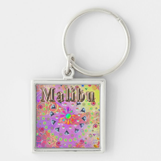 Malibu Lucky Golden Keychain Fyrkantig Silverfärgad Nyckelring (Framsidan)