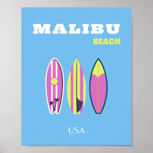 Malibu, Malibu Beach, Tropiskt, Preppy, Blue Poster