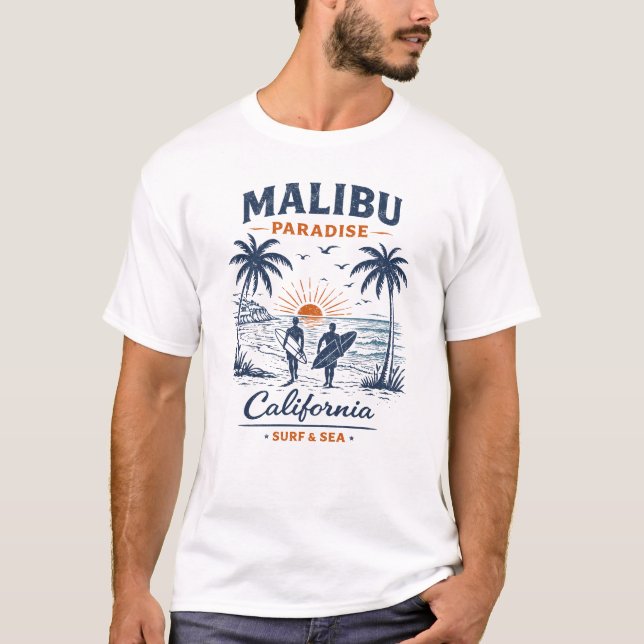 Malibu Paradise Surf & Sea Sunset Design T Shirt (Framsida)