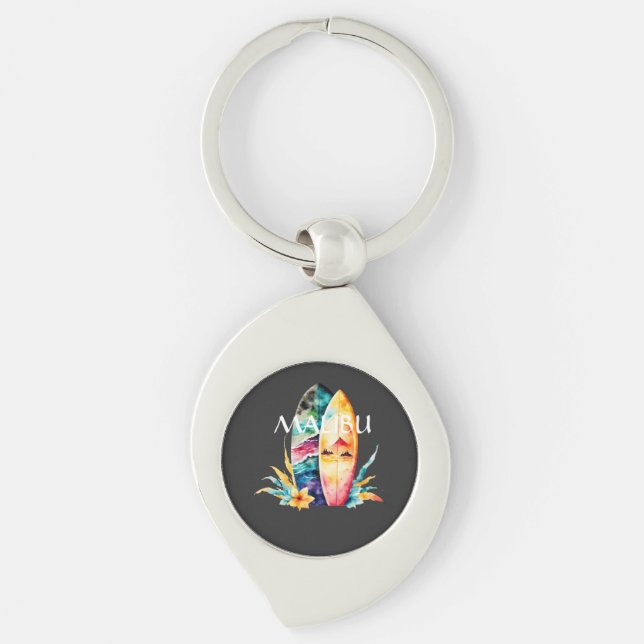 Malibu Surfa Boards Swirl Silverfärgad Nyckelring (Framsidan)