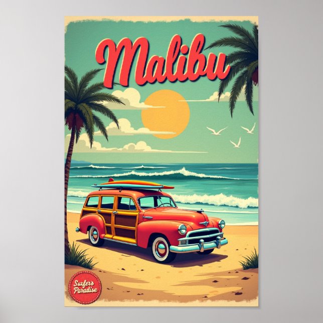 Malibu – Surfarens Paradis Retroaffisch Poster (Framsidan)