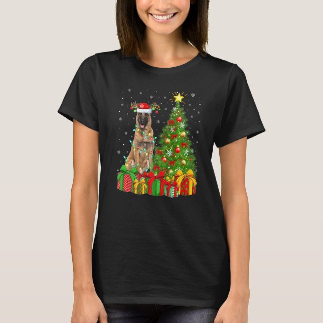 Malinois Hund Lighting Julafton Träd Santa Hat Mal T Shirt (Framsida)