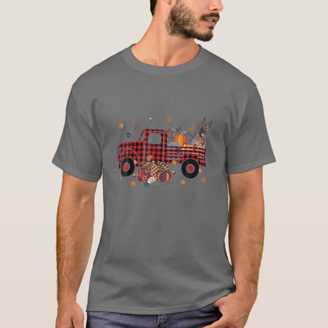Malinois Riding Lastbil Pumpkin Höst löv Fall T Shirt (Framsida)