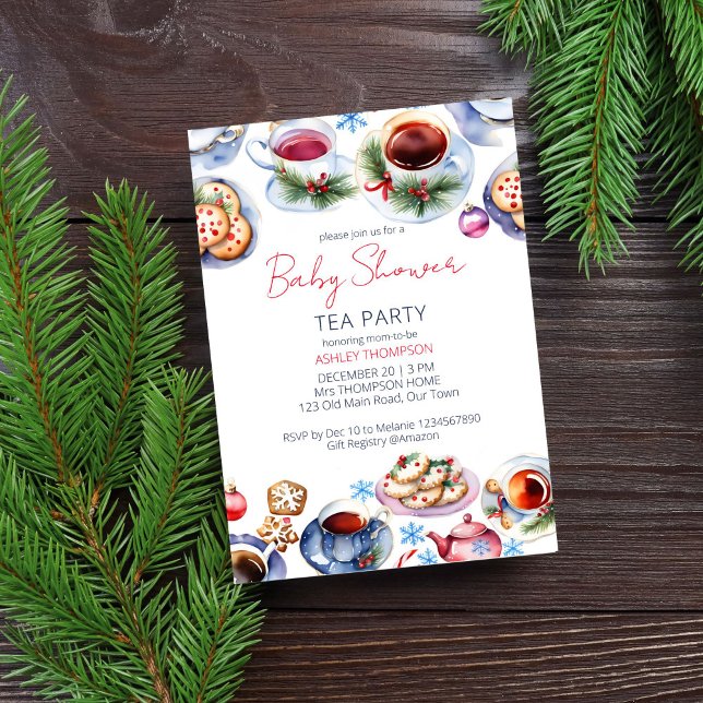 Mall för babydusch i party under jul (Christmas tea party baby shower editable template invitation digital download watercolor tea cups)