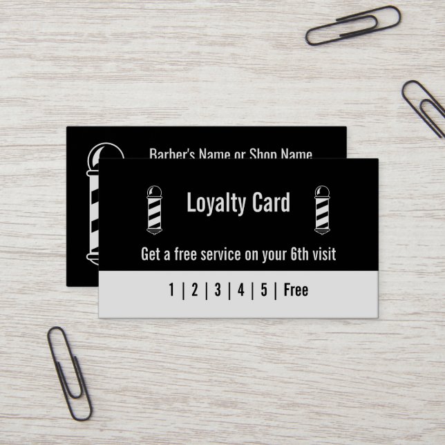 Mall för Barber Black and White Loyalty Card Visitkort (Fram/Back In Situ)