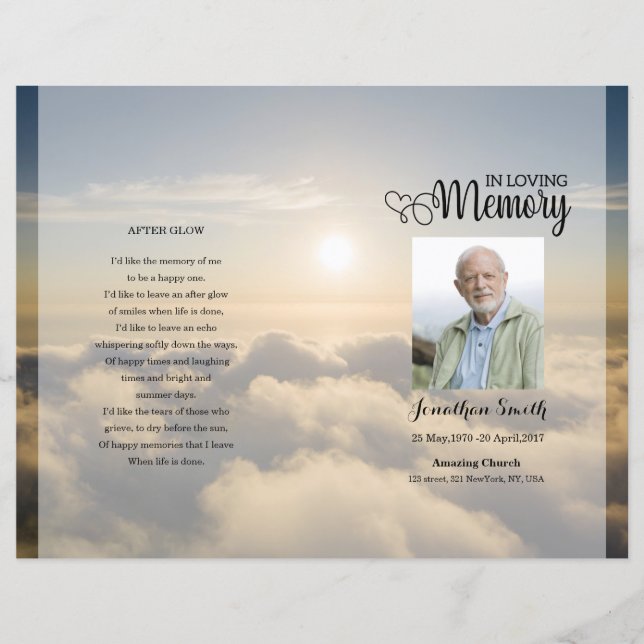 Mall för begravningsprogram med gyllene himmel (Framsida)