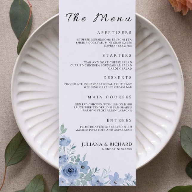 Mall för blå Bröllop-menykort (Blue Wedding Menu Cards Template)