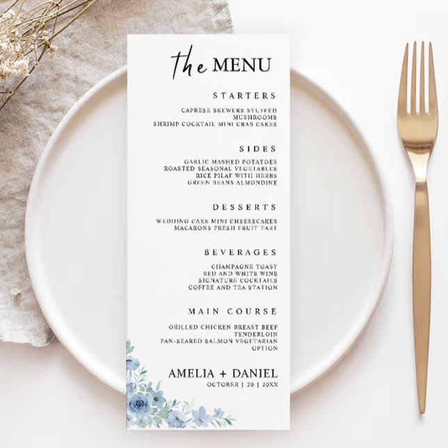 Mall för blå Bröllop-menykort (Blue Wedding Menu Cards Template)