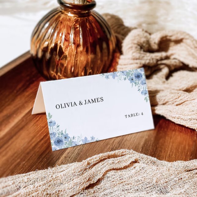 Mall för blå Bröllop-platskort (Blue Wedding Place Cards Template)