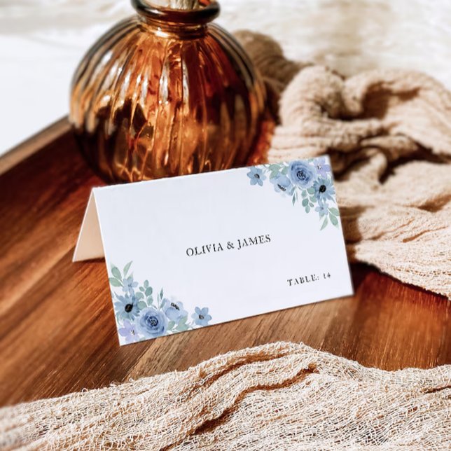 Mall för blå Bröllop-platskort (Blue Wedding Place Cards Template)