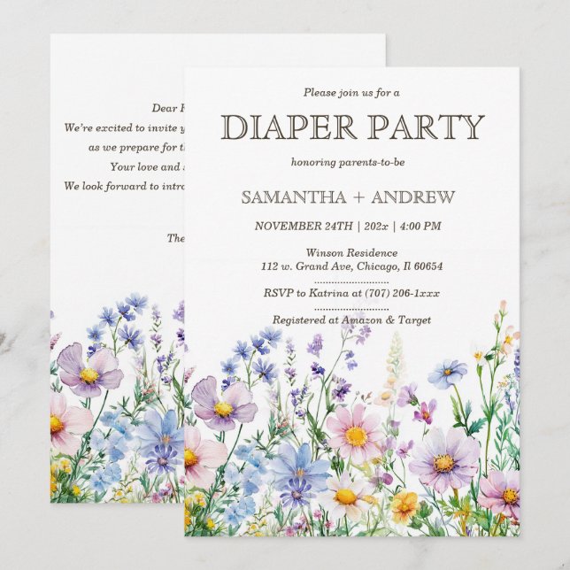 Mall för Boho Wildblommor Diaper Party (Fram/baksida)