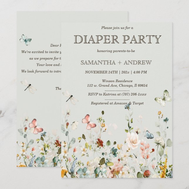 Mall för Boho Wildblommor Diaper Party (Fram/baksida)