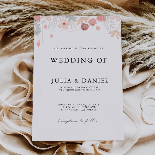 Mall för Bröllopsinbjudningar för Wildblommor (Wildflower Wedding Invites Template)