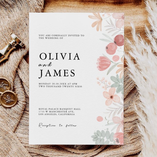 Mall för Bröllopsinbjudningar för Wildblommor (Wildflower Wedding Invites Template)