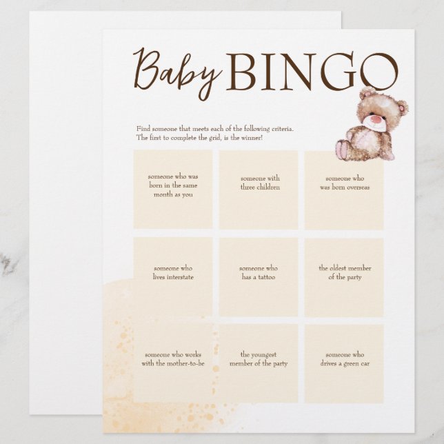 Mall för brun personlig för babyduschbingo-spel brevhuvud (Fram/baksida)