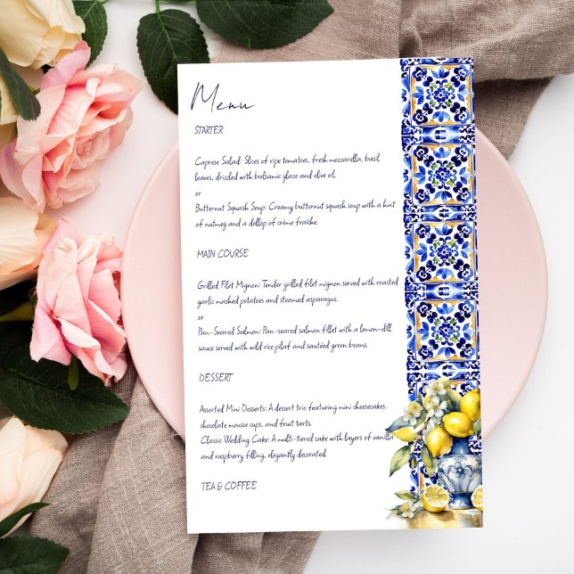 Mall för citronmeny (Amalfi Italian blue tiles lemons menu card template personalized wedding tableware elegant menu card)